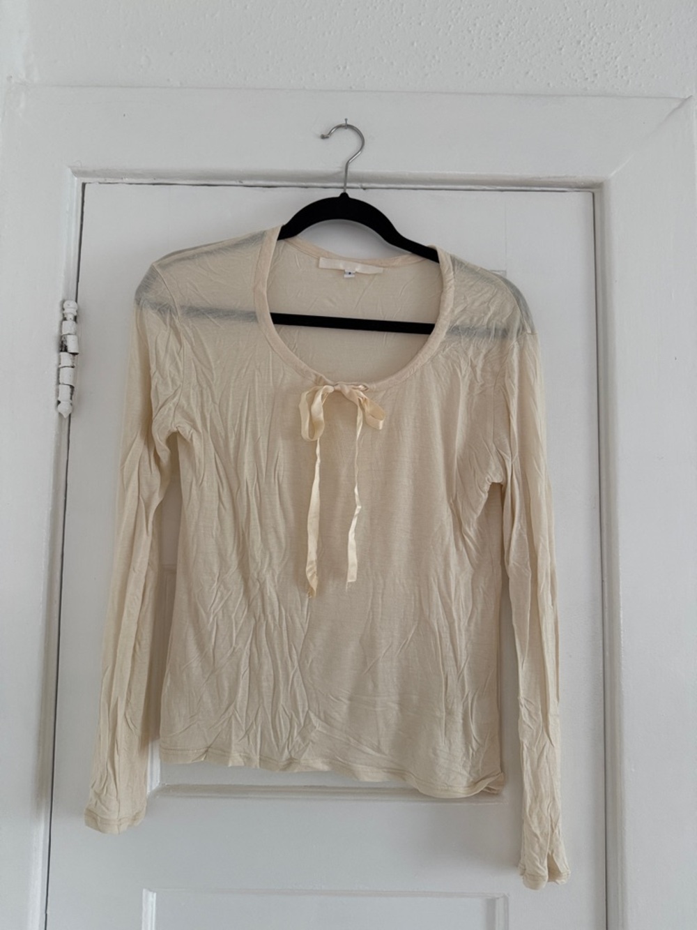 Cream Long-Sleeve Tie-Neck Tee for Women